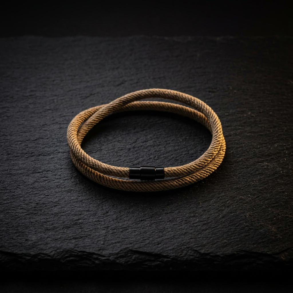 Tan twisted rope bracelet with black magnetic clasp